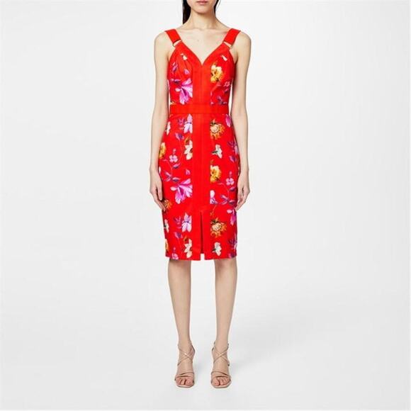 Ted Baker Elegant Red Floral Spring Summer‎ Front Slit Midi Dress Size 4 - Picture 1 of 10